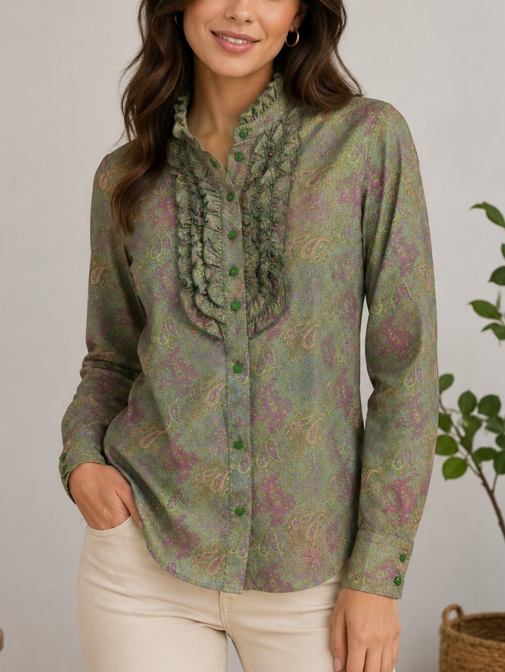 ETRO Vintage-Inspired Green Paisley Ruffle Front Blouse